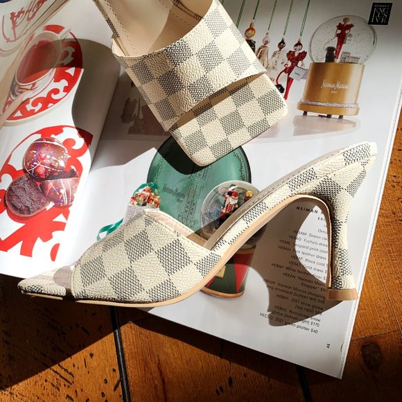 New🔥 Gray Ivory Checkered Print Square Open Toe Mules Sandal Stiletto Med Heel - Picture 4 of 6